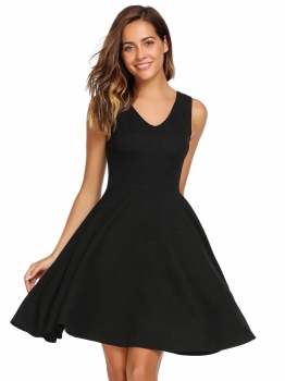 

Black V-Neck Sleeveless Solid Skater Dress, Multicolor