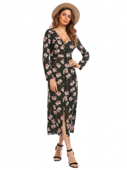 

Black V-Neck Long Sleeve Floral Print Button Front Dress, Multicolor