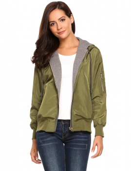 

Army green Hooded Long Sleeve Warm Relaxed Fit Zipper Bomber Jackets, Multicolor