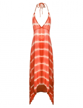 

Orange Halter Neck Backless Asymmetrical Tie Dye Dress, Multicolor