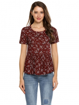 

Dark red Floral Print Short Sleeve Loose Blouse, Multicolor