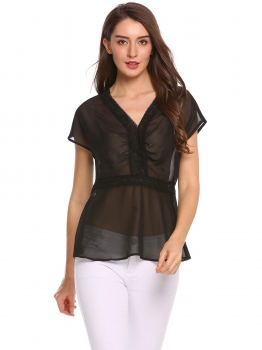 

Black V-Neck Short Sleeve Lace Chiffon Patchwork Blouse, Multicolor