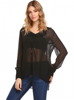 

Black Women Ruffles Long Sleeve Casual Loose Chiffon Button Down Shirt, Multicolor