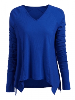 

Blue V-Neck Long Sleeve Solid Loose Asymmetrical Hem Sweatshirt, Multicolor