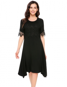 

Black Short Sleeve Lace Patchwork Shift Dress, Multicolor