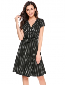 

Black V-Neck Short Sleeve Polka Dot A-Line Dress with Belt, Multicolor
