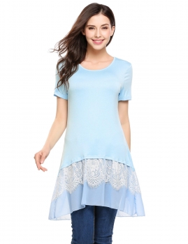 

Light blue Lace Patchwork Hem O-Neck Short Sleeve Long Tunics, Multicolor