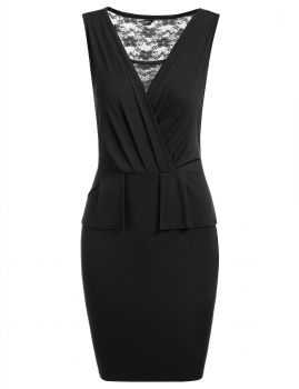 

Black Ruffles Back Lace Patchwork Ruched Pencil Dress, Multicolor