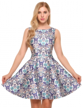 

Blue Vintage Style Sleeveless Floral Skater Dress, Multicolor