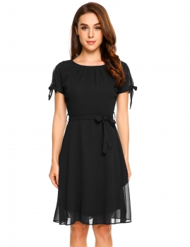 

Black Short Sleeve Solid Belted Chiffon A-Line Dress, Multicolor