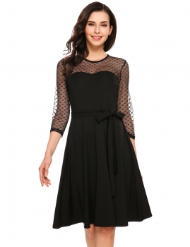 

Black 3"4 Sleeve Heart Mesh Patchwork Keyhole Skater Dress with Belt, Multicolor