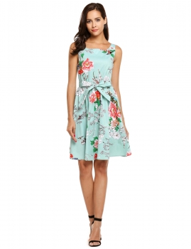 

Mint Green Sleeveless Backless Belted Floral Swing Dress, Multicolor