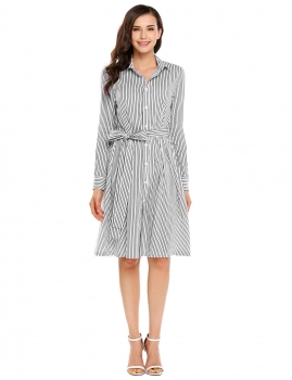 

Pink Long Sleeve Striped Shirt Dress with Belt, Multicolor