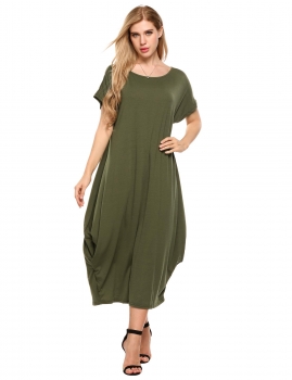 

Army green Short Sleeve Solid Loose Fit Baggy Maxi Dress, Multicolor