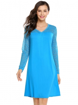 

Blue Long Sleeve Lace Patchwork V Neck A-Line Dress, Multicolor