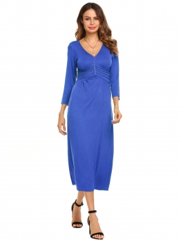

Blue 3"4 Sleeve V Neck Braid Decor Maxi Dress, Multicolor