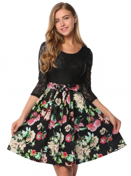 

Black Vintage Style 3"4 Sleeve Floral Print Lace Belted Swing Dress, Multicolor