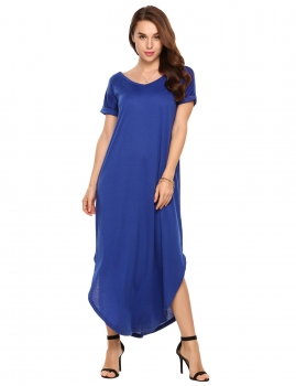 

Blue Solid Rolled Short Sleeve Asymmetric Hem Maxi Dress with Pockets, Multicolor