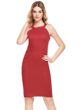 

Red Round Neck Sleeveless Solid Club Sheath Dress, Multicolor