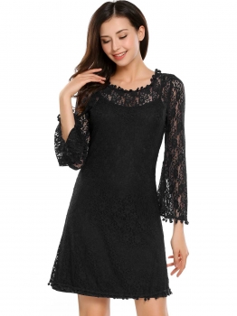 

Black Bell Sleeve Lace Pom Pom Hem A-Line Dress, Multicolor