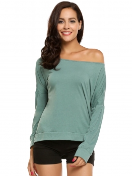 

Green Long Sleeve One-shoulder Solid Asymmetric Loose Leisure Tops, Multicolor