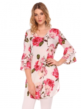

White Flare Sleeve Floral Loose T-shirt Casual Tops, Multicolor