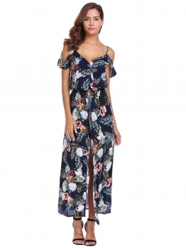 

Navy blue Spaghetti Straps Sleeveless Elastic Waist Split Hem Sexy Jumpsuit Dress, Multicolor