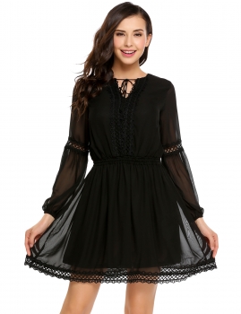 

Black V-neck Puff Sleeve Chiffon Pleated Lace Elastic Waist Dress, Multicolor
