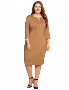 

Coffee Plus Size V Neck 3"4 Sleeve Solid Bodycon Dress, Multicolor