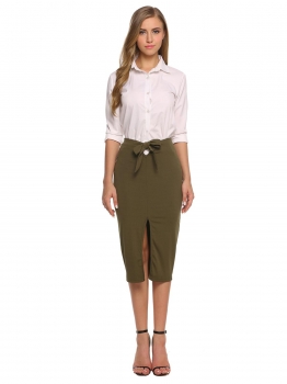 

Army green High Waist Solid Stretchy Split Bodycon Midi Skirt, Multicolor