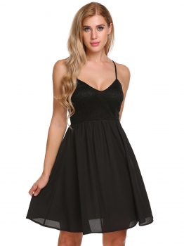 

Black Finejo Sexy Sleeveless Lace Patchwork Backless V Neck Spaghetti Strap Party Dress, Multicolor