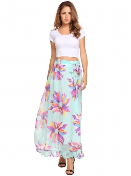 

Light green Floral Elastic High Waist Ruffle Hem Maxi Skirt with Belt, Multicolor