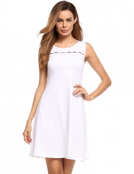 

Pure white Sleeveless Solid Hollow Out A-Line Dress, Multicolor