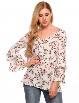 

Red Floral Layered Flare Long Sleeve V-Neck Blouse, Multicolor