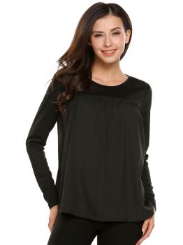 

Black Solid Ruched Long Sleeve O Neck Loose Fit Tops, Multicolor