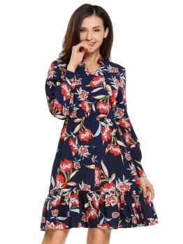 

Black Long Sleeve Floral Print Ruffles V Neck Party A-Line Dress, Multicolor