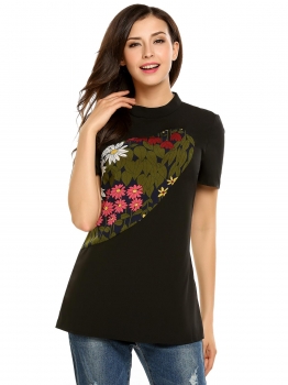

Black Floral Print Stand Collar Short Sleeve Tops, Multicolor