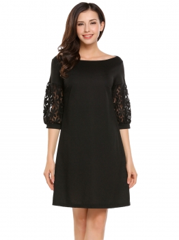 

Black Boat Neck 3"4 Sleeve Patchwork Lace A-Line Dress, Multicolor