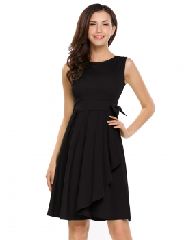 

Black O-Neck Sleeveless Bow Tie Solid Asymmetry Dress, Multicolor