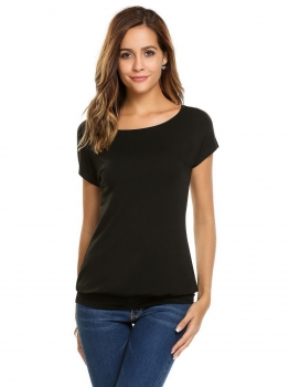 

Black Solid Spring Summer O-Neck Short Sleeve Tops, Multicolor