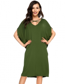 

Army green V-Neck Bat Short Sleeve Loose Solid Dress, Multicolor