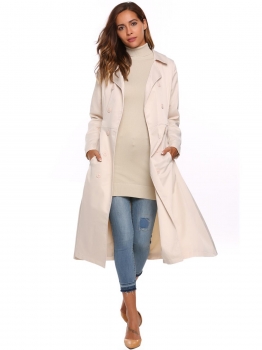 

Apricot Solid Double Breasted Long Trench Coat with Belt, Multicolor