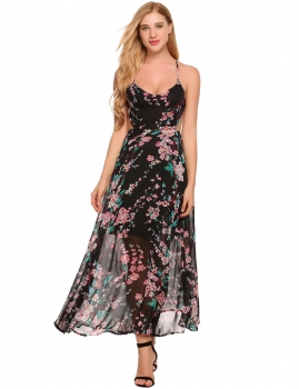 

Black Sleeveless Floral Spaghetti Strap Backless Chiffon Maxi Dress, Multicolor