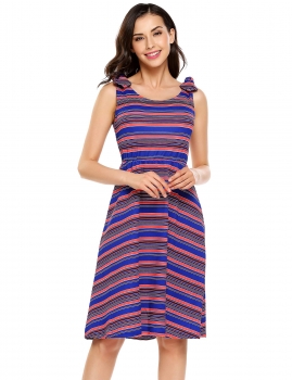 

Blue Round Neck Sleeveless Striped Shoulder Tie A-Line Short Dress, Multicolor