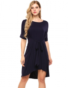 

Blue Batwing Short Sleeve Tie-Front Hi-Low Shift Dress, Multicolor