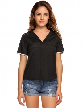 

Black Casual V-Neck Short Sleeve Sexy Chiffon Shirt, Multicolor