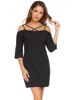 

Black 3"4 Sleeve Solid Spaghetti Strap Mini Dress, Multicolor