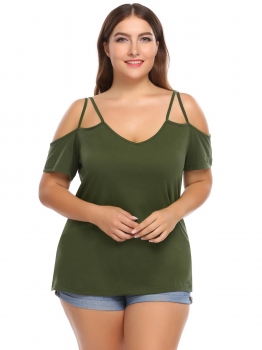 

Army green Plus Size V-Neck Cold Shoulder Short Sleeve Solid Slim Fit Tops, Multicolor