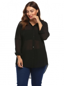 

Black Plus Size Roll Up Sleeve High Low Hem Button Down Chiffon Shirt, Multicolor