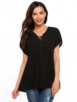 

Black Lace-up V-neck Short Sleeve Chiffon Loose Tops, Multicolor